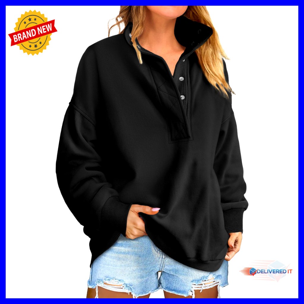 Oversized Henley Sweatshirt, Loose Fit, Long Sleeve Pullover, Casual Top